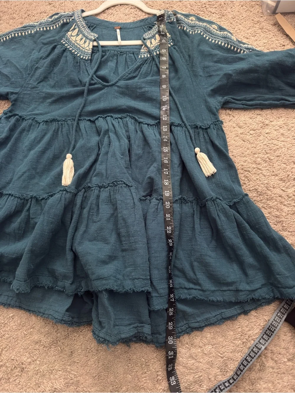 FP Cotton Boho Embroidered V-Neck Tunic Dress - Blue